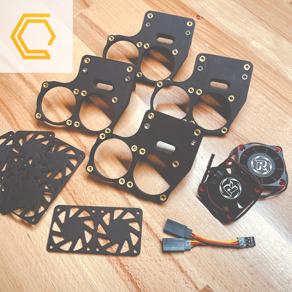 Campsite Carbon 3D print carbon fiber Traxxas Maxx dual fan kit 40mm rocket fan nylon bolt on bolt-on shred bash 3s 4s 6s 8s RC finned rock guard radio control plug and play harness stainless hardware print-on-demand print on demand