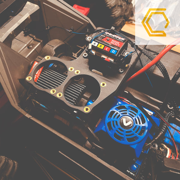 Campsite Carbon 3D print carbon fiber Traxxas Maxx dual fan kit 40mm rocket fan nylon bolt on bolt-on shred bash 3s 4s 6s 8s RC finned rock guard radio control plug and play harness stainless hardware print-on-demand print on demand