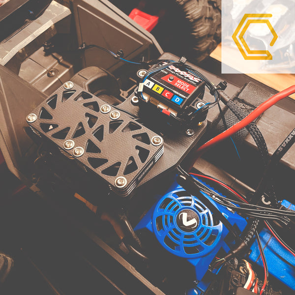 Campsite Carbon 3D print carbon fiber Traxxas Maxx dual fan kit 40mm rocket fan nylon bolt on bolt-on shred bash 3s 4s 6s 8s RC finned rock guard radio control plug and play harness stainless hardware print-on-demand print on demand