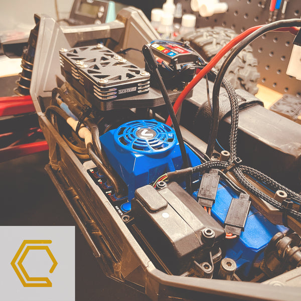 Campsite Carbon 3D print carbon fiber Traxxas Maxx dual fan kit 40mm rocket fan nylon bolt on bolt-on shred bash 3s 4s 6s 8s RC finned rock guard radio control plug and play harness stainless hardware print-on-demand print on demand