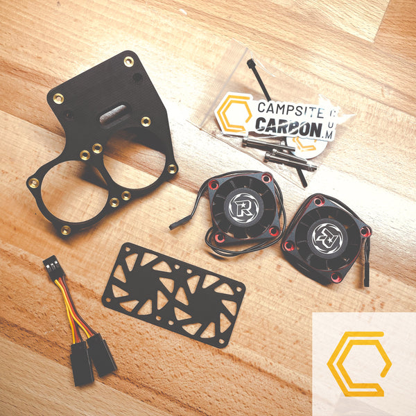 Campsite Carbon 3D print carbon fiber Traxxas Maxx dual fan kit 40mm rocket fan nylon bolt on bolt-on shred bash 3s 4s 6s 8s RC finned rock guard radio control plug and play harness stainless hardware print-on-demand print on demand