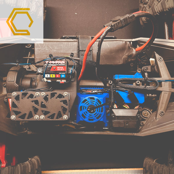 Campsite Carbon 3D print carbon fiber Traxxas Maxx dual fan kit 40mm rocket fan nylon bolt on bolt-on shred bash 3s 4s 6s 8s RC finned rock guard radio control plug and play harness stainless hardware print-on-demand print on demand