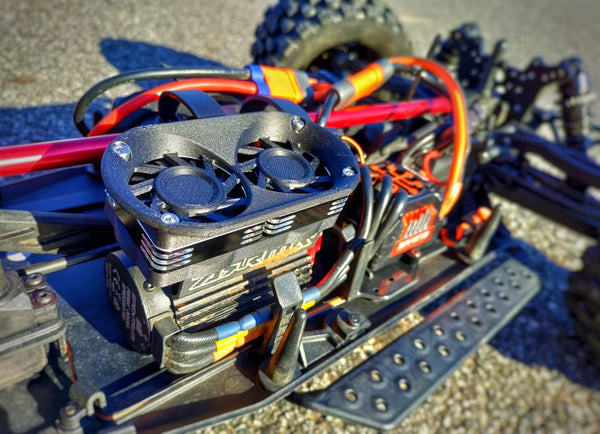 Arrma Fireteam dual fan 40mm Rocket Fan kit Velocity Stack Finned Rock Guard Campsite Carbon carbon fiber nylon 3D print bolt on plug and play Arrma Spektrum 4s 6s 8s