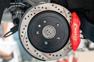 2014-2019 Chevrolet Corvette C7 15in Brake Conversion Kit, Drilled & Slotted Rotors with Red Calipers — BMR Suspension (DBK573)