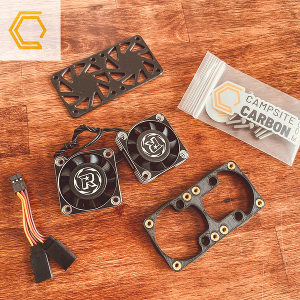 Arrma Fireteam dual fan 40mm Rocket Fan kit Velocity Stack Finned Rock Guard Campsite Carbon carbon fiber nylon 3D print bolt on plug and play Arrma Spektrum 4s 6s 8s