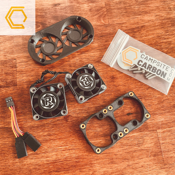 Arrma Fireteam dual fan 40mm Rocket Fan kit Velocity Stack Finned Rock Guard Campsite Carbon carbon fiber nylon 3D print bolt on plug and play Arrma Spektrum 4s 6s 8s