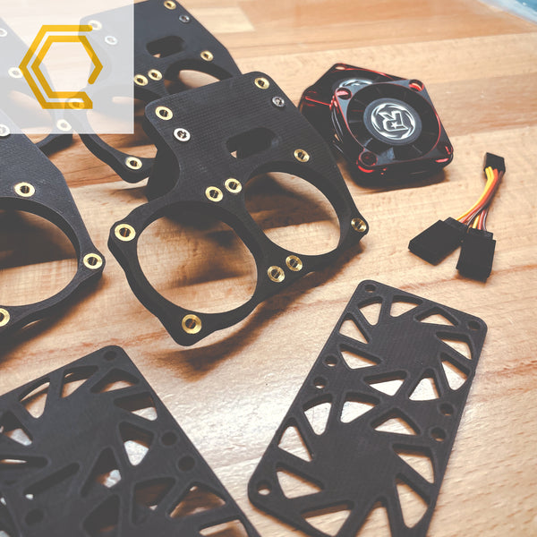 Campsite Carbon 3D print carbon fiber Traxxas Maxx dual fan kit 40mm rocket fan nylon bolt on bolt-on shred bash 3s 4s 6s 8s RC finned rock guard radio control plug and play harness stainless hardware print-on-demand print on demand